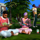 Sims sit on their high school's lawn.